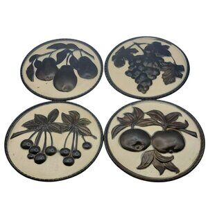 Vintage Elpec Round Painted Brass Fruit Wall Hanging Decor England Set Of 4